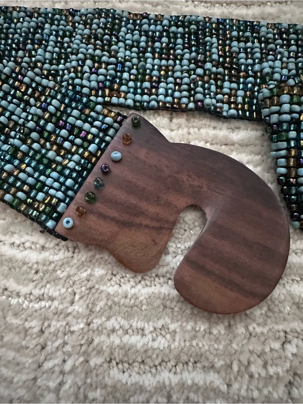 Beaded Stretch Waist Belt with Wooden Buckle - Black & Teal